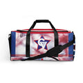 The STEAM Duffle bag-personalized 22″ × 11.5″ × 11.5″ features black straps, multiple pockets, a vibrant red and blue star with a white GV logo on the front, and red, white, and blue tie-dye patterns on the sides.