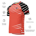 The STEAM All-over Print Men’s Rash Guard Bowling Theme Shirt is a premium quality, short-sleeved jersey with black and white striped sleeves, UPF 50+, moisture-wicking fabric, tear-away label, and made from a recycled polyester/spandex blend. Features STR text and logo. Ideal for active days.