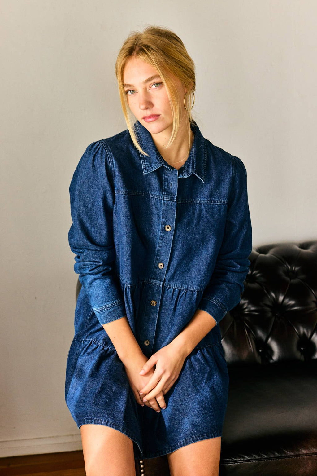 Button Down Babydoll Ruffle Denim Dress