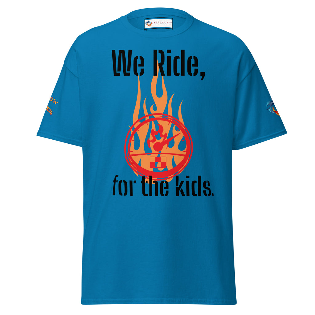 The STEAM “We ride for the kids” Unisex classic tee features a blue cotton build with a fiery basketball graphic and bold slogan. $5 from each shirt goes to kids. Sleeve logos add a streetwear edge.