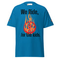 The STEAM “We ride for the kids” Unisex classic tee features a blue cotton build with a fiery basketball graphic and bold slogan. $5 from each shirt goes to kids. Sleeve logos add a streetwear edge.